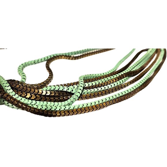 Vintage Necklace Multi-Strand Mint Green & Bronze Metal 3D Rectangular Links - Picture 10 of 11
